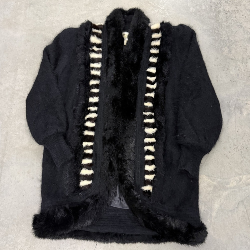 Vintage Faux Fur Trim trench Womens M Black Excellent Striped Animal Print Luxe